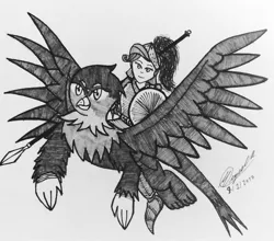 Size: 2126x1872 | Tagged: safe, artist:atisuto17, banned from derpibooru, deleted from derpibooru, derpibooru import, gabby, rarity, gryphon, equestria girls, crossover, fantasy, fantasy class, female, grayscale, humans riding griffons, knight, medieval, monochrome, orlando (character), orlando furioso, spear, traditional art, warrior, weapon