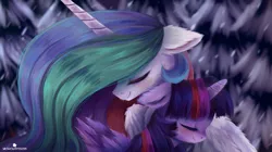 Size: 1671x933 | Tagged: safe, artist:verawitch, banned from derpibooru, deleted from derpibooru, derpibooru import, princess celestia, twilight sparkle, twilight sparkle (alicorn), alicorn, pony, duo, eyes closed, female, fluffy, lesbian, neck hug, shipping, smiling, snow, snowfall, snuggling, tree, twilestia