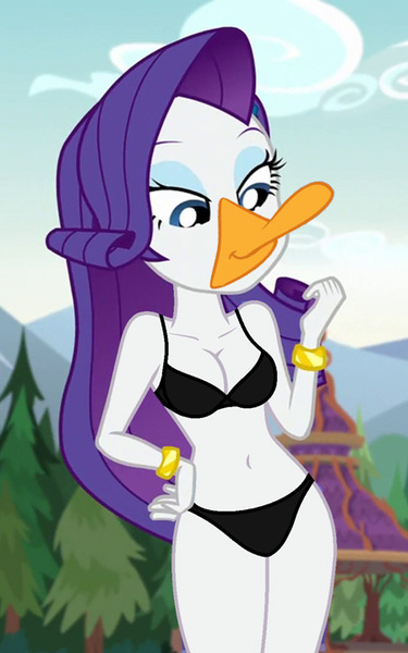 Size: 450x720 | Tagged: suggestive, banned from derpibooru, deleted from derpibooru, derpibooru import, edit, edited screencap, screencap, rarity, bird, duck, equestria girls, legend of everfree, 4chan, clothes, cropped, duck bill, female, solo, solo female, underwear, underwear edit