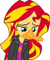 Size: 816x979 | Tagged: safe, banned from derpibooru, deleted from derpibooru, derpibooru import, edit, sunset shimmer, bird, duck, equestria girls, 4chan, duck bill, simple background, solo, transparent background