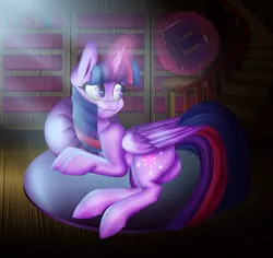 Size: 1024x965 | Tagged: safe, artist:zoviav, banned from derpibooru, deleted from derpibooru, derpibooru import, twilight sparkle, twilight sparkle (alicorn), alicorn, pony, book, bookshelf, butt, indoors, magic, pillow, plot, solo, stairs, that pony sure does love books, twibutt