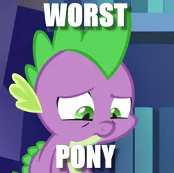 Size: 478x477 | Tagged: safe, banned from derpibooru, deleted from derpibooru, derpibooru import, edit, edited screencap, screencap, spike, caption, cropped, looking down, opinion, sad, solo, worst pony