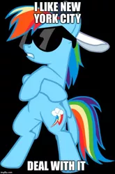 Size: 500x757 | Tagged: safe, banned from derpibooru, deleted from derpibooru, derpibooru import, rainbow dash, backwards ballcap, baseball cap, bipedal, black background, cap, crossed hooves, deal with it, hat, nobody cares, simple background, solo, sunglasses