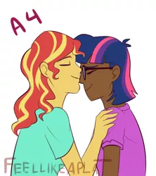 Size: 500x563 | Tagged: safe, artist:feellikeaplat, banned from derpibooru, deleted from derpibooru, derpibooru import, sci-twi, sunset shimmer, twilight sparkle, equestria girls, friendship games, alternate costumes, alternate hairstyle, dark skin, eyes closed, female, human coloration, kissing, lesbian, scitwishimmer, shipping, simple background, sunsetsparkle