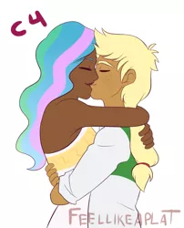 Size: 1057x1308 | Tagged: safe, artist:feellikeaplat, banned from derpibooru, deleted from derpibooru, derpibooru import, applejack, princess celestia, human, equestria girls, applelestia, dark skin, eyes closed, female, freckles, hatless, hug, humanized, kissing, lesbian, missing accessory, shipping