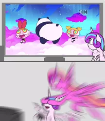 Size: 1000x1159 | Tagged: safe, artist:slamjam, banned from derpibooru, deleted from derpibooru, derpibooru import, princess cadance, princess flurry heart, bear, panda, ass, bowser censor, butt, exploitable meme, meme, obligatory pony, television, the powerpuff girls