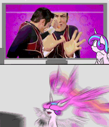 Size: 650x755 | Tagged: safe, artist:slamjam, banned from derpibooru, deleted from derpibooru, derpibooru import, princess cadance, princess flurry heart, animated, bowser censor, don't let your kids watch it, exploitable meme, lazytown, meme, parody, robbie rotten, television