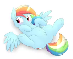 Size: 2400x1963 | Tagged: dead source, safe, artist:onlytheponies, banned from derpibooru, deleted from derpibooru, derpibooru import, rainbow dash, belly button, bellyrubs, blushing, chest fluff, cute, dashabetes, dock, featureless crotch, on back, pubic fluff, simple background, solo, spread legs, spreading, white background