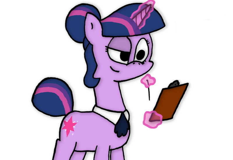 Size: 2333x1606 | Tagged: safe, artist:moonatik, banned from derpibooru, deleted from derpibooru, derpibooru import, twilight sparkle, pony, unicorn, alternate hairstyle, clipboard, collar, hair bun, levitation, magic, pen, scrunchie, solo, tail bun, telekinesis