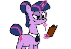 Size: 2333x1606 | Tagged: safe, artist:moonatik, banned from derpibooru, deleted from derpibooru, derpibooru import, twilight sparkle, pony, unicorn, alternate hairstyle, clipboard, collar, hair bun, levitation, magic, pen, scrunchie, solo, tail bun, telekinesis