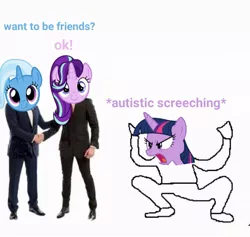 Size: 748x710 | Tagged: safe, artist:glitchyshadow-meme, banned from derpibooru, deleted from derpibooru, derpibooru import, starlight glimmer, trixie, twilight sparkle, autistic screeching, c:, exploitable meme, frown, glare, handshake, meme, open mouth, simple background, smiling, twibitch sparkle, white background