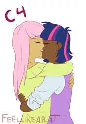 Size: 816x1172 | Tagged: safe, artist:feellikeaplat, banned from derpibooru, deleted from derpibooru, derpibooru import, fluttershy, twilight sparkle, human, dark skin, eyes closed, female, hug, humanized, kissing, lesbian, shipping, twishy, watermark