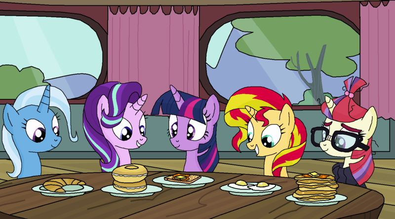 Size: 1532x852 | Tagged: safe, artist:emeraldblast63, banned from derpibooru, deleted from derpibooru, derpibooru import, moondancer, starlight glimmer, sunset shimmer, trixie, twilight sparkle, twilight sparkle (alicorn), alicorn, pony, unicorn, bagel, bread, breakfast, counterparts, croissant, cute, eyes on the prize, food, french toast, fried egg, grin, magical quintet, pancakes, smiling, squee, toast, twilight's counterparts