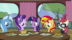 Size: 1532x852 | Tagged: safe, artist:emeraldblast63, banned from derpibooru, deleted from derpibooru, derpibooru import, moondancer, starlight glimmer, sunset shimmer, trixie, twilight sparkle, twilight sparkle (alicorn), alicorn, pony, unicorn, bagel, bread, breakfast, counterparts, croissant, cute, eyes on the prize, food, french toast, fried egg, grin, magical quintet, pancakes, smiling, squee, toast, twilight's counterparts