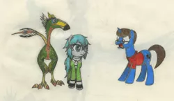 Size: 1936x1131 | Tagged: safe, artist:smcho1014, banned from derpibooru, deleted from derpibooru, derpibooru import, oc, oc:thespio, oc:wild sketchy, unofficial characters only, dinosaur, earth pony, pony, unicorn, clothes, colored pencil drawing, female, hybrid dinosaur, male, mare, shirt, sinon, stallion, traditional art, trio, unayrhynchus