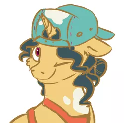 Size: 1280x1268 | Tagged: safe, artist:druggyderp, banned from derpibooru, deleted from derpibooru, derpibooru import, fresh coat, unicorn, apron, backwards ballcap, baseball cap, cap, clothes, floppy ears, hat, one eye closed, paint on fur, smiling, solo, wink