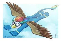 Size: 1515x1028 | Tagged: safe, artist:hazurasinner, banned from derpibooru, deleted from derpibooru, derpibooru import, oc, oc:rainbow feather, unofficial characters only, hippogriff, clothes, goggles, interspecies offspring, magical lesbian spawn, offspring, one eye closed, parent:gilda, parent:rainbow dash, parents:gildash, solo, uniform, wink, wonderbolts uniform