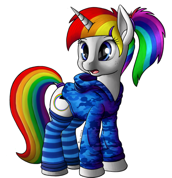 Size: 1800x1863 | Tagged: safe, artist:prismawatercolor, banned from derpibooru, deleted from derpibooru, derpibooru import, oc, oc:prisma watercolor, unofficial characters only, pony, clothes, hoodie, leg warmers, multicolored hair, ponytail, rainbow hair, simple background, solo, white background