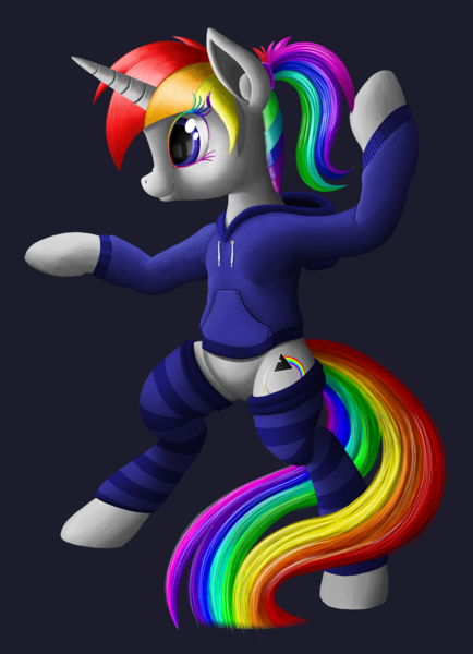Size: 1500x2076 | Tagged: safe, artist:prismawatercolor, banned from derpibooru, deleted from derpibooru, derpibooru import, oc, oc:prisma watercolor, unofficial characters only, pony, unicorn, clothes, colored eyelashes, fighting stance, hoodie, leg warmers, multicolored hair, ponytail, rainbow hair, solo