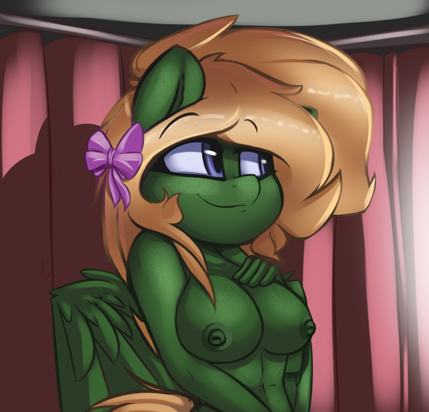 Size: 1974x1899 | Tagged: questionable, artist:interesting-brushy, banned from derpibooru, deleted from derpibooru, derpibooru import, oc, oc:ebony feather, unofficial characters only, anthro, blonde, blonde hair, boob freckles, bow, breasts, chest freckles, female, flash, freckles, hair bow, nipples, nudity, pony ears, purple eyes, solo, solo female, wings