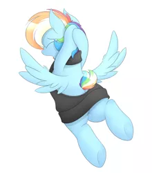 Size: 2000x2270 | Tagged: suggestive, artist:onlytheponies, banned from derpibooru, deleted from derpibooru, derpibooru import, rainbow dash, pony, arm behind head, backless, clothes, open-back sweater, short tail, simple background, sleeveless, sleeveless sweater, solo, sweater, virgin killer sweater, white background