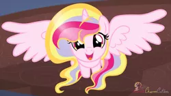 Size: 1024x576 | Tagged: safe, artist:raspberrystudios, banned from derpibooru, deleted from derpibooru, derpibooru import, edit, oc, oc:aurelia charm, unofficial characters only, alicorn, alicorn oc, big eyes, cute, happy, horn, smiling, solo, spread wings, wings