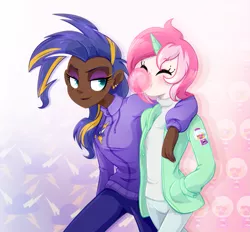 Size: 927x861 | Tagged: safe, artist:jumblehorse, banned from derpibooru, deleted from derpibooru, derpibooru import, minty bubblegum, thunderstruck, human, bubblegum, clothes, cutie mark, cutie mark clothes, dark skin, ear piercing, earring, eyes closed, eyeshadow, fanart, food, gum, hands in pockets, horn, horned humanization, humanized, inspiration, jacket, jewelry, makeup, piercing, reference, smiling