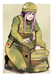 Size: 918x1330 | Tagged: safe, artist:hazurasinner, banned from derpibooru, deleted from derpibooru, derpibooru import, fluttershy, human, army, backpack, clothes, commission, full body, humanized, military, pants, solo, watermark