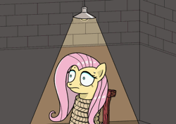 Size: 1024x720 | Tagged: dead source, safe, artist:questionpony, banned from derpibooru, deleted from derpibooru, derpibooru import, fluttershy, pinkie pie, fanfic:cupcakes, animated, bait and switch, basement, bondage, gif, knife, pinkamena diane pie, rope, sweat, tied up, unsexy bondage, wide eyes