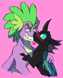 Size: 1300x1600 | Tagged: safe, artist:sketchymetal, banned from derpibooru, deleted from derpibooru, derpibooru import, spike, thorax, changeling, dragon, blushing, gay, grin, heart, lidded eyes, looking at each other, male, older, older spike, pink background, shipping, simple background, smiling, thoraxspike