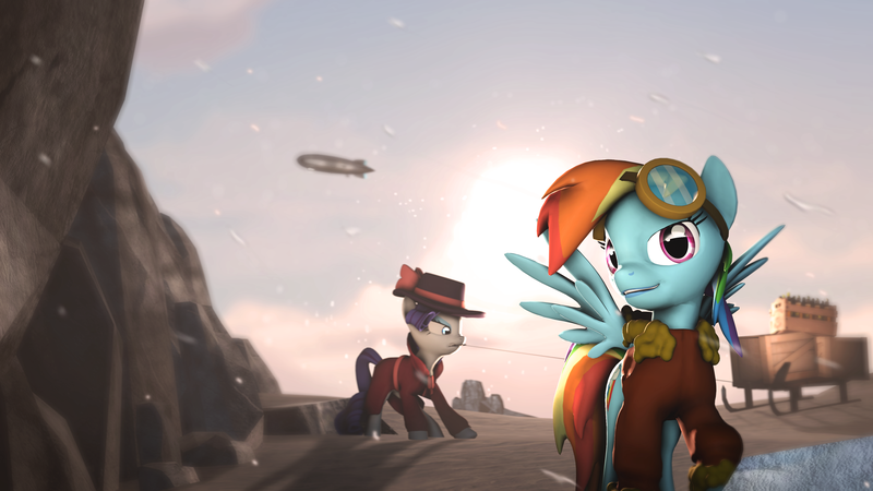 Size: 3840x2160 | Tagged: safe, artist:wintergleam, banned from derpibooru, deleted from derpibooru, derpibooru import, rainbow dash, rarity, 3d, airship, cliff, clothes, goggles, pose, pulling, sled, snow, snowfall, source filmmaker, zeppelin