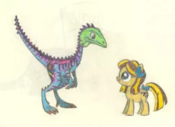 Size: 1462x1065 | Tagged: safe, artist:smcho1014, banned from derpibooru, deleted from derpibooru, derpibooru import, oc, oc:wild sketchy, ponified, unofficial characters only, dinosaur, earth pony, pony, colored pencil drawing, duo, female, filly, foal, male, michelle creber, traditional art, unaysaurus