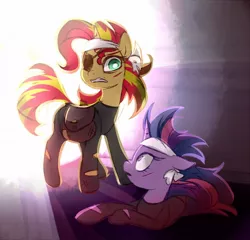 Size: 1040x1000 | Tagged: safe, artist:jumblehorse, banned from derpibooru, deleted from derpibooru, derpibooru import, sunset shimmer, twilight sparkle, pony, unicorn, it's about time, 30 minute art challenge, backlighting, bag, catsuit, duo, eyepatch, female, future sunset, future twilight, gritted teeth, headband, mare, saddle bag, time travel