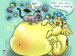 Size: 1024x768 | Tagged: safe, artist:takutanuvataio, banned from derpibooru, deleted from derpibooru, derpibooru import, oc, oc:arty quill, oc:wishkit, unofficial characters only, cat, belly, belly bed, belly button, bhm, big belly, butt, cake, candy, cookie, dialogue, fat, food, huge belly, huge butt, impossibly large belly, impossibly large butt, large butt, morbidly obese, obese, simple background, stomach noise, stuffing, taco, weight gain