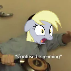 Size: 320x320 | Tagged: safe, artist:gray-gold, banned from derpibooru, deleted from derpibooru, derpibooru import, derpy hooves, descriptive noise, filthy frank, floppy ears, meme, open mouth, reaction image, screaming, solo