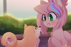 Size: 1218x807 | Tagged: safe, artist:verawitch, banned from derpibooru, deleted from derpibooru, derpibooru import, oc, oc:sweet skies, unofficial characters only, dog, pegasus, pony, shiba inu, blushing, looking at each other, open mouth, smiling, tongue out