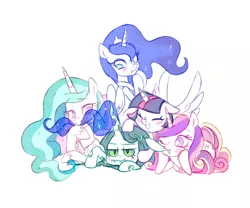 Size: 960x800 | Tagged: safe, artist:jumblehorse, banned from derpibooru, deleted from derpibooru, derpibooru import, princess cadance, princess celestia, princess luna, queen chrysalis, twilight sparkle, twilight sparkle (alicorn), alicorn, changeling, pony, 30 minute art challenge, alicorn tetrarchy, biting, blushing, cute, ear bite, limited palette, pony pile, princess pile, simple background, tail bite, white background