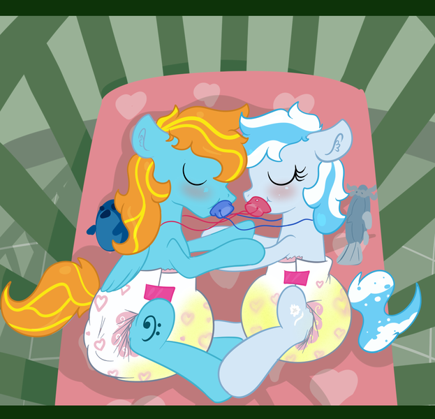 Size: 1288x1241 | Tagged: questionable, artist:vitriolink, banned from derpibooru, deleted from derpibooru, derpibooru import, oc, oc:scherzando, oc:snow frost, unofficial characters only, adult foal, crib, cute, diaper, diaper fetish, female, fetish, male, messy diaper, oc x oc, pacifier, poofy diaper, poop, poopy diaper, sharing, shipping, sleeping, straight, urine, wet diaper