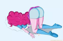 Size: 1280x834 | Tagged: suggestive, artist:icesticker, banned from derpibooru, deleted from derpibooru, derpibooru import, edit, editor:liggliluff, pinkie pie, equestria girls, ass, blue underwear, boots, boyshorts, bracelet, butt, clothes, face down ass up, female, high heel boots, jewelry, knock out, panties, shoes, simple background, skirt, skirt flip, solo, solo female, underwear, upskirt