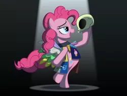 Size: 1600x1200 | Tagged: semi-grimdark, artist:culu-bluebeaver, banned from derpibooru, deleted from derpibooru, derpibooru import, pinkie pie, fanfic:cupcakes, cutie mark dress, hamlet, knife, skull, solo, spotlight