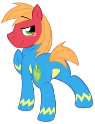 Size: 1026x1340 | Tagged: suggestive, artist:nannurs, banned from derpibooru, deleted from derpibooru, derpibooru import, big macintosh, blushing, butt, clothes, male, plot, solo, solo male, uniform, wonderbolts, wonderbolts uniform