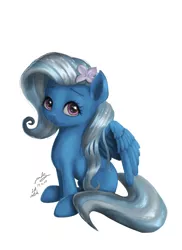 Size: 746x1024 | Tagged: safe, artist:the-park, banned from derpibooru, color edit, deleted from derpibooru, derpibooru import, edit, trixie, pegasus, pony, alternate hairstyle, colored, flower, flower in hair, looking at you, monochrome, race swap, simple background, sitting, solo, white background, wings