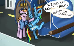 Size: 1456x911 | Tagged: safe, artist:testostepone, banned from derpibooru, deleted from derpibooru, derpibooru import, edit, editor:anonymous, copper top, rainbow dash, arrested, carriage, city, colored sketch, dialogue, police