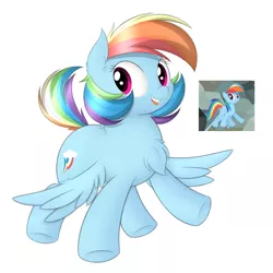 Size: 1800x1800 | Tagged: safe, artist:onlytheponies, banned from derpibooru, deleted from derpibooru, derpibooru import, screencap, rainbow dash, may the best pet win, alternate hairstyle, chest fluff, cute, dashabetes, flying, short mane, short tail, simple background, solo