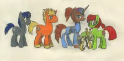 Size: 2187x1081 | Tagged: safe, artist:smcho1014, banned from derpibooru, deleted from derpibooru, derpibooru import, ponified, earth pony, pony, squid, unicorn, c.g. (the future is wild), colored pencil drawing, emily (the future is wild), ethan (the future is wild), female, luis (the figure is wild), male, mare, quartet, squibbon, stallion, the future is wild, traditional art