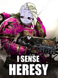 Size: 482x641 | Tagged: safe, artist:pencils, banned from derpibooru, deleted from derpibooru, derpibooru import, edit, editor:anonymous, oc, oc:fannie noveau, armor, blood angels, caption, gun, heresy, image macro, lidded eyes, meme, smiling, smirk, smug, solo, space marine, text, warhammer 40k, warhammer (game), weapon