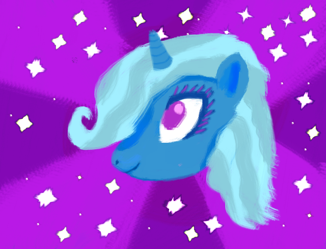 Size: 640x490 | Tagged: safe, artist:kmscmt, banned from derpibooru, deleted from derpibooru, derpibooru import, trixie, pony, unicorn, alternate hairstyle, bust, image, png, portrait, smiling, solo, sparkles