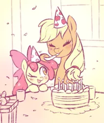 Size: 677x800 | Tagged: safe, artist:jumblehorse, banned from derpibooru, deleted from derpibooru, derpibooru import, apple bloom, applejack, earth pony, pony, 30 minute art challenge, adorabloom, birthday cake, birthday party, cake, cute, eyes closed, female, filly, food, hat, party, party hat, siblings, sisters, smiling