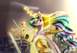 Size: 2500x1700 | Tagged: safe, artist:midlstrit, banned from derpibooru, deleted from derpibooru, derpibooru import, princess celestia, pony, armor, solo, sword, weapon