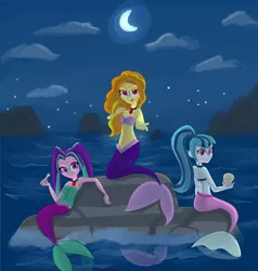 Size: 2000x2100 | Tagged: suggestive, artist:flight-of-the-moon, banned from derpibooru, deleted from derpibooru, derpibooru import, adagio dazzle, aria blaze, sonata dusk, mermaid, equestria girls, belly button, bone, breasts, cleavage, female, females only, glow, looking at you, mermaidized, midriff, moon, ocean, reaching out, redraw, sirens doing siren things, skull, species swap, the dazzlings